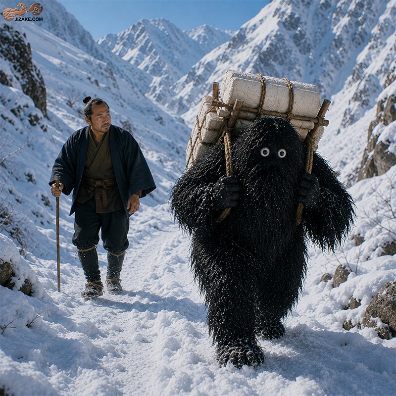 雪男が荷物を運ぶ