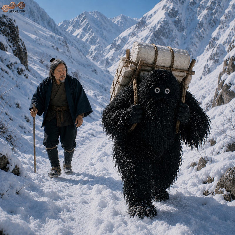 雪男が荷物を運ぶ