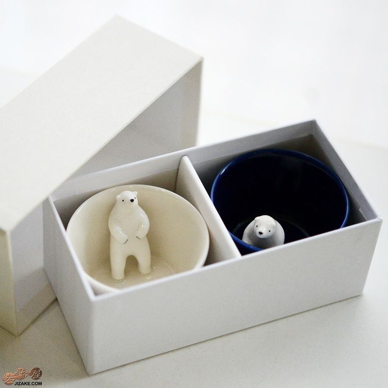 陶磁器 楽土(らくど) 　【箱入】シロクマの熊五郎 白いい湯だな＆青こんばんは　2個セット(簡易ギフトラッピング済)