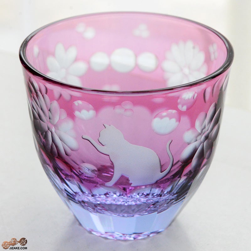 JOEglass　切子天開杯　戯れ猫　ちょいちょい花　金赤×ネオジウム