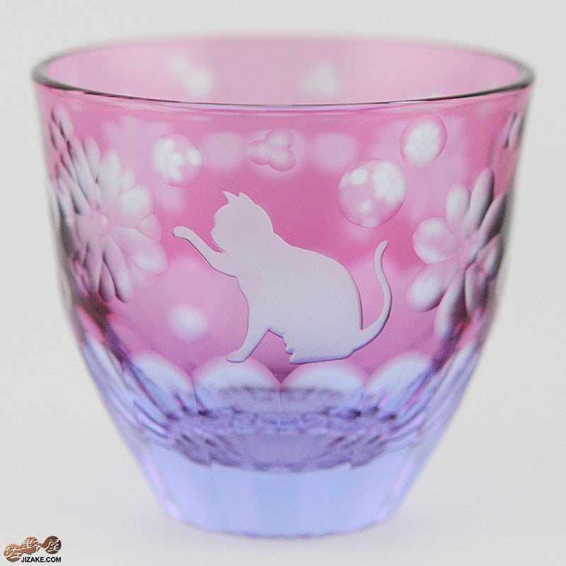 JOEglass　切子天開杯　戯れ猫　ちょいちょい花　金赤×ネオジウム