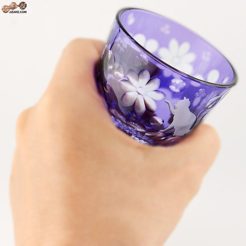 JOEglass　切子天開杯　戯れ猫　ちょいちょい花　金紫×ネオジウム