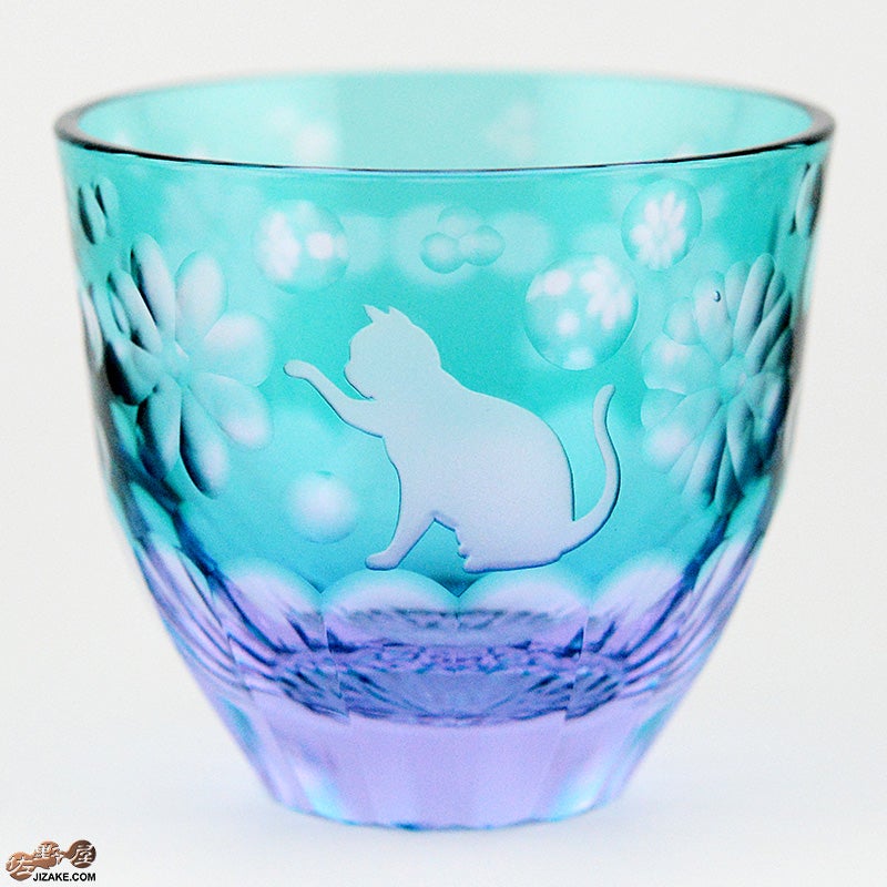 JOEglass　切子天開杯　戯れ猫　ちょいちょい花　グリーン×ネオジウム