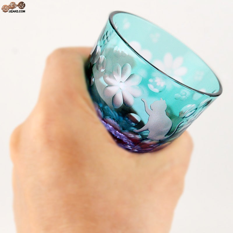 JOEglass　切子天開杯　戯れ猫　ちょいちょい花　グリーン×ネオジウム